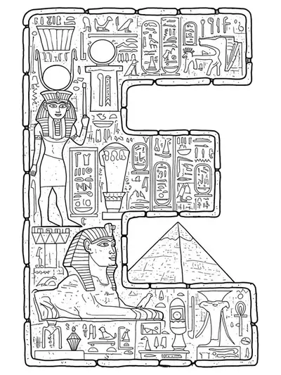 Stone-carved letter E surrounded by detailed Egyptian pyramids, sphinxes, hieroglyphics, and ancient artifacts.