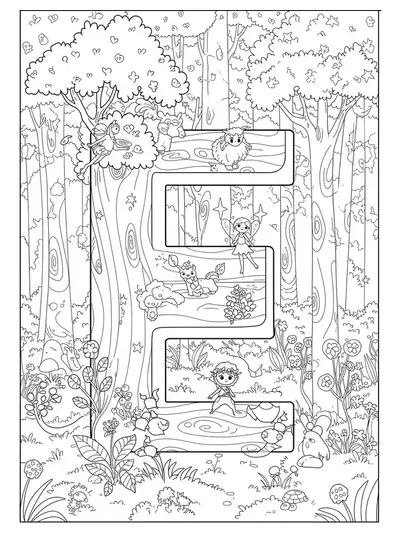 Big letter E in an enchanted forest with fairies, stars, and magical trees, medium detail for preschool.