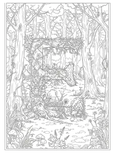 Intricate letter E surrounded by detailed enchanted forest elements like trees, vines, mushrooms, and hidden fantasy creatures.