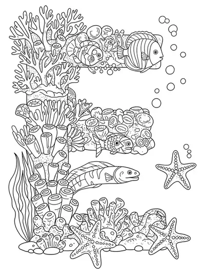 Letter E surrounded by detailed underwater sea creatures, corals, seaweed, and ocean elements.