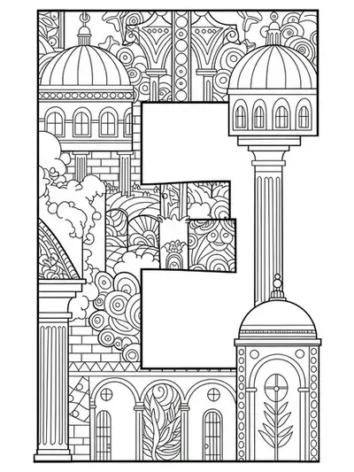 Letter E integrated with architectural features like arches, columns, and domes, outlined in black and white line art.