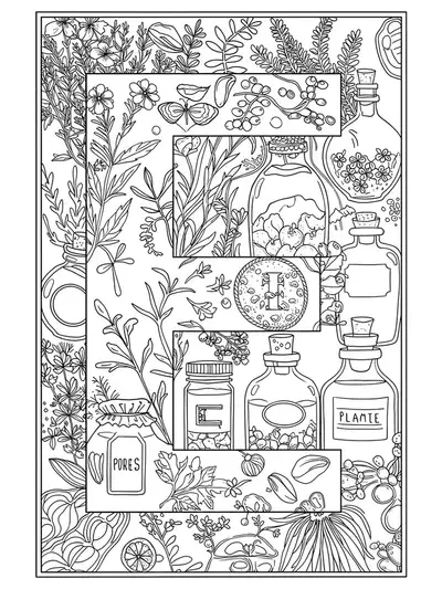 Letter E surrounded by herbs, apothecary bottles, and vintage labels in detailed black and white line art.