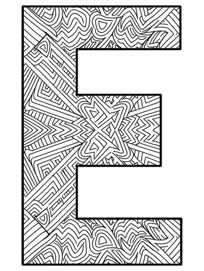 Letter E surrounded by optical illusion patterns with repeating shapes and lines in black and white line art.