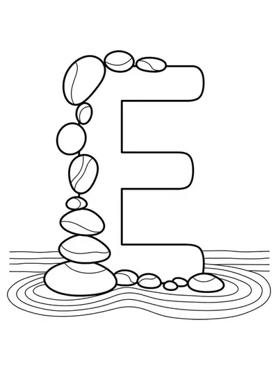 Letter E among simple Zen garden pebbles and sand lines, easy adult coloring