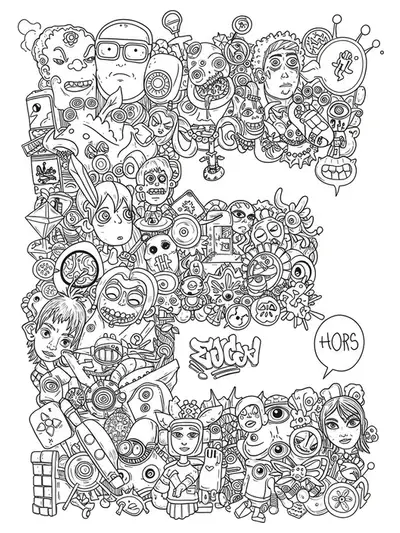 Letter E in manga-inspired graffiti with detailed comic characters, speech bubbles, and urban art elements, hard coloring page for teens.