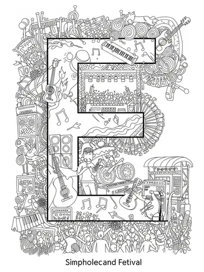 Letter E surrounded by detailed music festival scenes with instruments, sound waves, crowds, and stage elements, hard coloring page for teens.