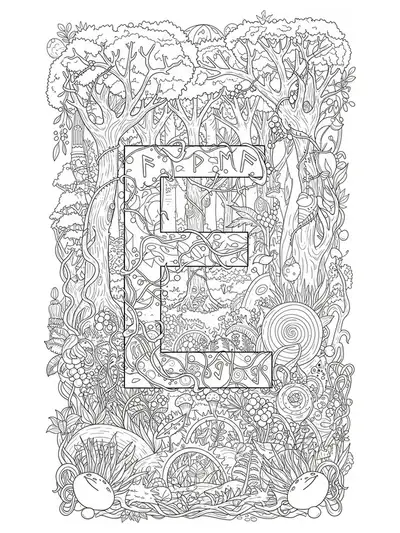 Letter E in a mythical enchanted forest with intricate trees, magical runes, mythical creatures, and hidden portals, hard coloring page for teens.