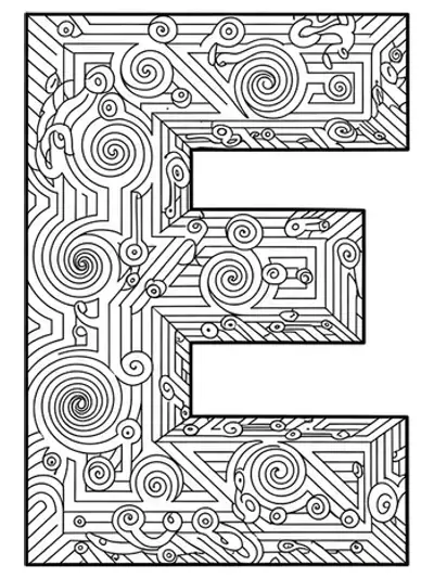 Letter E set within intricate optical illusion patterns, geometric shapes, and impossible figures, hard coloring page for teens.