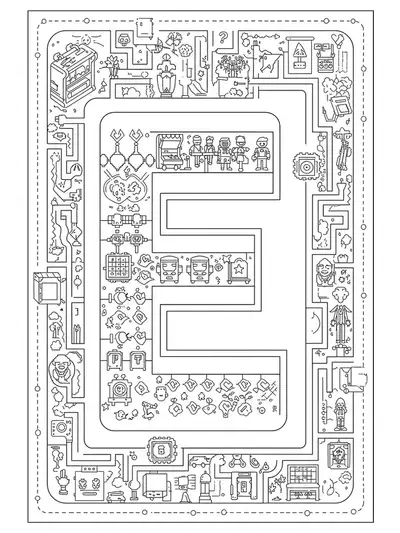 Letter E within a complex retro video game maze, surrounded by pixel art, arcade icons, and maze patterns, hard coloring page for teens.