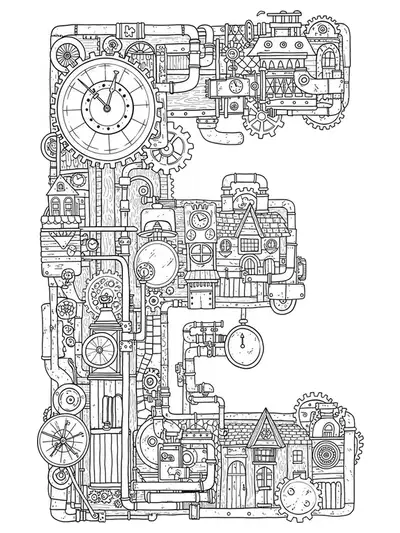 Intricate Letter E with detailed steampunk gears, pipes, and Victorian city elements, hard coloring page for teens.