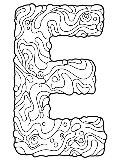 Letter E with abstract wavy line patterns, easy and relaxing for adult coloring