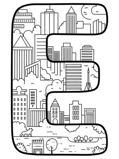 Letter E with simple cityscape building outlines, easy coloring for adults