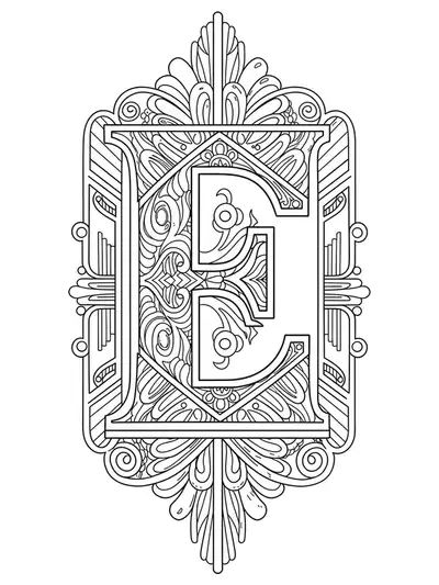 Letter E bordered by Art Deco geometric patterns and symmetrical lines in detailed black and white art.