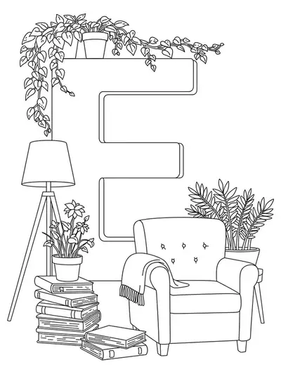 Letter E surrounded by stacked books, an armchair, a lamp, and plants in black and white line art.