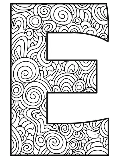 Letter E with surrounding simple zen doodle swirl patterns, easy for adults