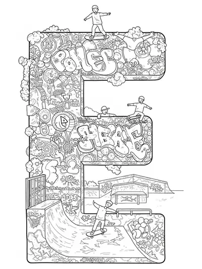 Letter E with detailed skate park elements, including ramps, rails, graffiti, and skaters, hard coloring page for teens.