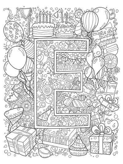 Letter E surrounded by detailed birthday party elements: balloons, cakes, presents, confetti, and hats.