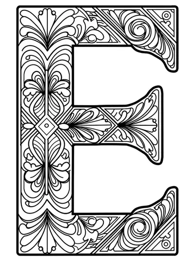 Letter E with Art Deco style borders and shapes, easy adult coloring design