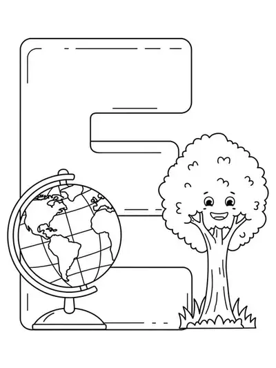 Letter E with a globe and a smiling tree, Earth Day-themed easy coloring page.