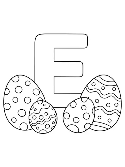 Large letter E surrounded by simple Easter eggs, designed as a coloring page for kids.