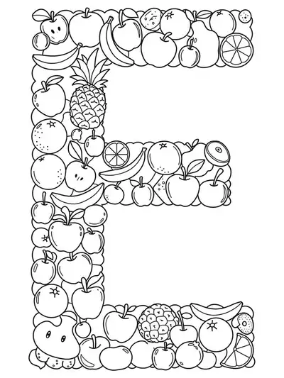 Large letter E with apples, bananas, oranges, and other fruits around, medium detail for preschool.
