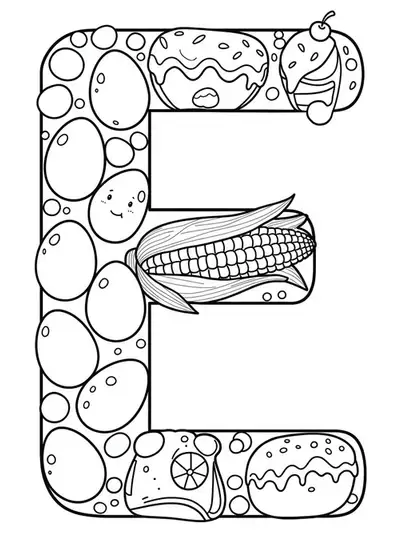 Letter E with simple drawings of eggs, corn, and an éclair, food-themed easy coloring page.