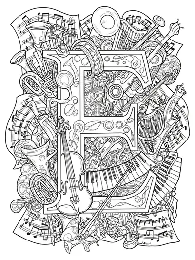 Detailed musical instruments such as violins and harps intricately arranged around the letter E for adult coloring.
