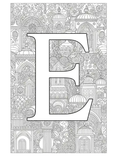 Ornate architectural details like arches and columns intricately framing the letter E for hard adult coloring.