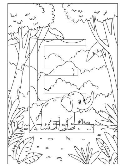 Letter E with a friendly elephant under jungle trees and leaves, designed for preschool coloring fun.