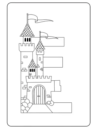 Letter E with a simple, magical castle and a flag, fantasy-themed easy coloring page.