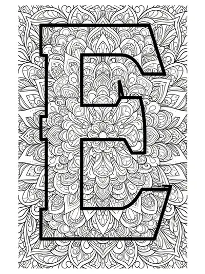 Complex mandala designs intricately woven around a large letter E, black and white for adult coloring.