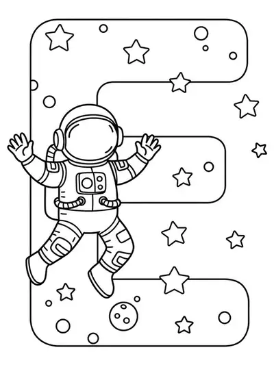Letter E with a playful astronaut floating among stars, easy astronaut-themed coloring page.