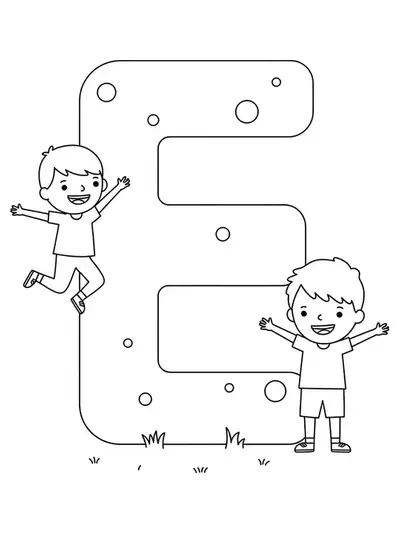 Letter E with two kids jumping and stretching, exercise-themed easy coloring page.
