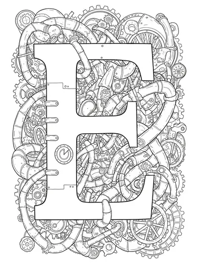 Detailed steampunk gears, cogs, and mechanical parts intricately entwined around the letter E.