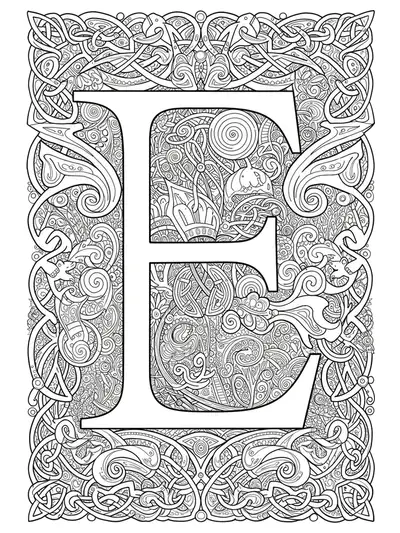Intricate Celtic knots and spirals elaborately entwining the letter E, black and white for adult coloring.