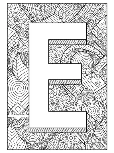 Complex optical illusion patterns and impossible shapes surrounding a large letter E for adult coloring.