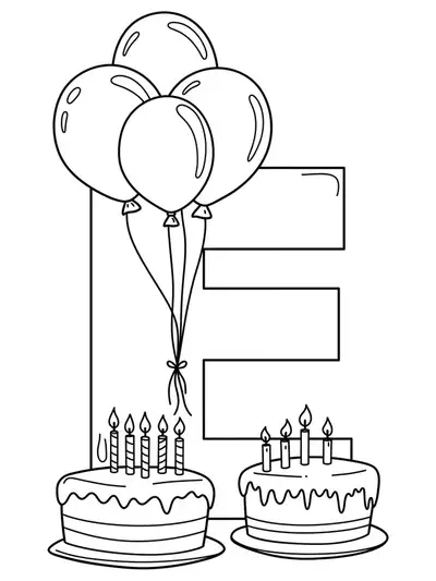 Letter E with balloons and a birthday cake, easy birthday-themed coloring page.