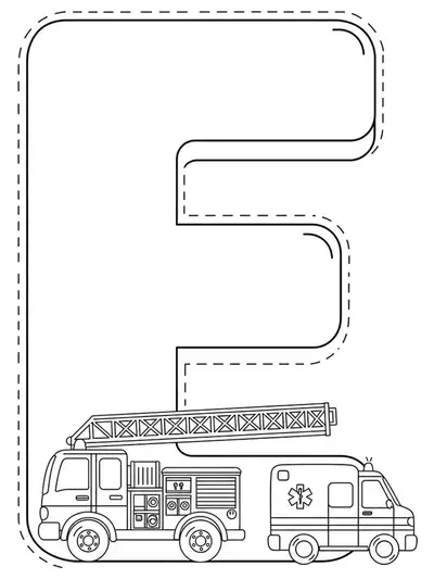Letter E with simple drawings of a fire truck and ambulance, emergency vehicles coloring page.