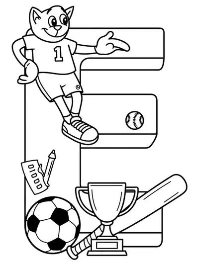 Letter E with a soccer ball, trophy, and bat beside it, simple sports-themed coloring page.