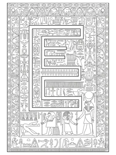 Intricate Egyptian hieroglyphics and ancient motifs surrounding the letter E, for adult coloring.