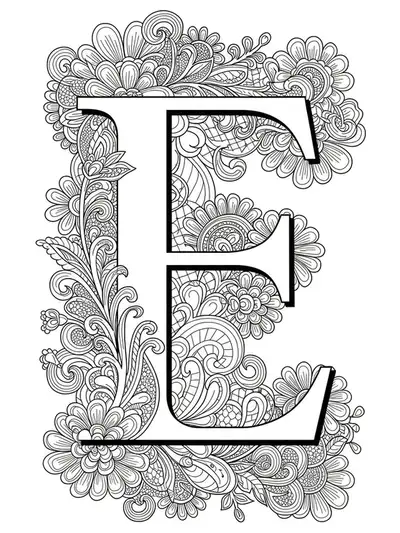 Highly detailed floral lace patterns enveloping the letter E, black and white for adult coloring.