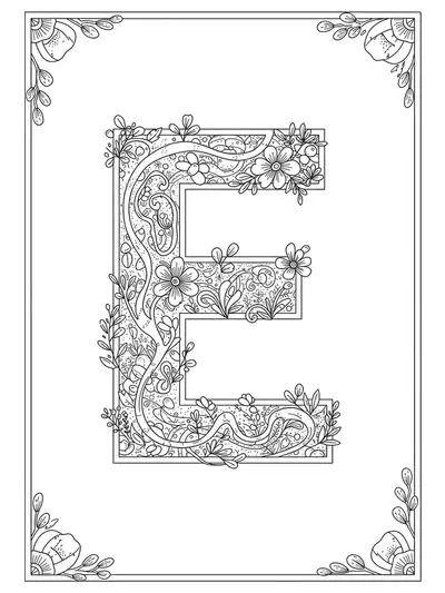 Letter E surrounded by maze-like garden paths and floral borders in black and white line art.