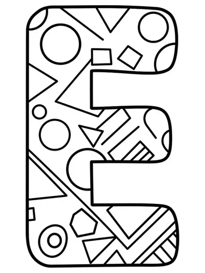 Letter E surrounded by large geometric shapes, easy coloring for adults