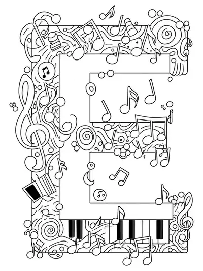Letter E with surrounding simple musical notes and symbols for adult coloring