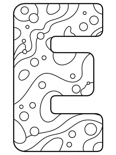 Letter E with surrounding 70s retro shapes and patterns, easy adult coloring page
