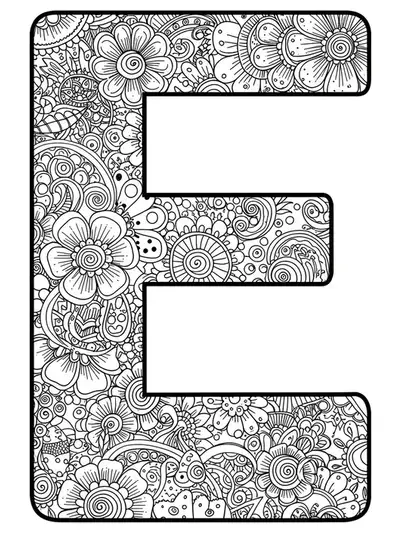 Letter E adorned with swirling henna-style paisley, flowers, and dot patterns in black and white line art.