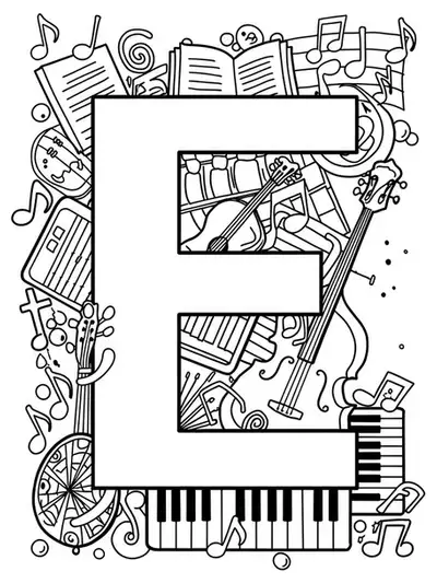 Letter E decorated with music notes, staffs, and instrument outlines in black and white line art.
