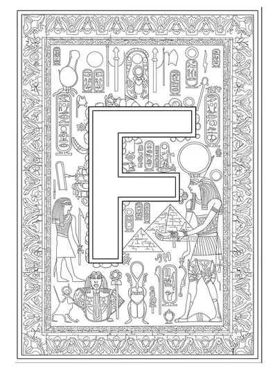 Letter F embellished with detailed Egyptian hieroglyphs, pyramids, and scarabs for teens