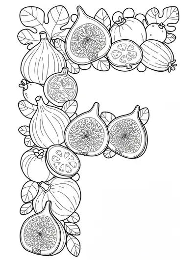 Letter F with various fruits for medium difficulty coloring