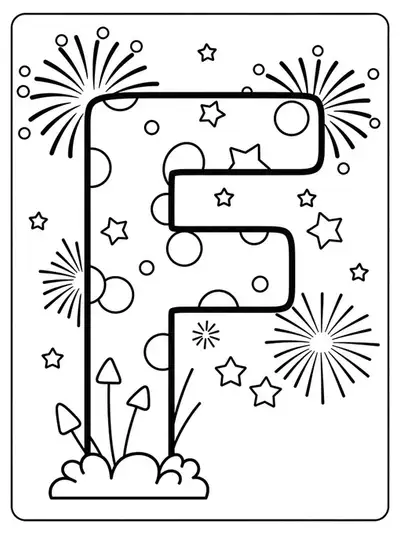 Large letter F surrounded by simple starburst fireworks for easy preschool coloring.